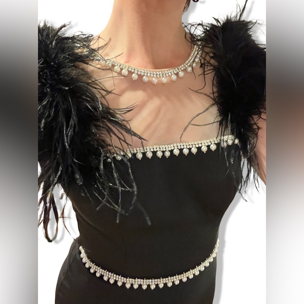 Mac Duggal Black Feather Cap Sleeve Pearl Embellished Midi Formal Dress | 2 - Picture 8 of 13